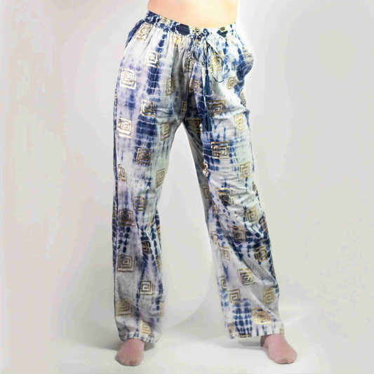 Pantalon de lounge bleu clair, taille froncée et jambe ample, motif doré.