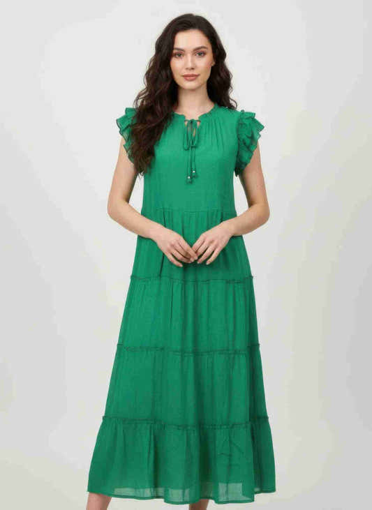 Robe verte mi-longue à volants, manches courtes, encolure en V, doublée