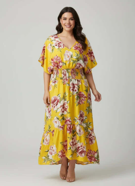 Robe fleurie moutarde à manches courtes évasées, taille élastique, ourlet asymétrique