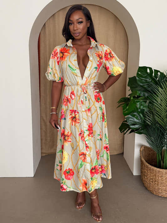 Robe mi-longue à encolure V, manches bouffantes, imprimé fleurs, ceinture nouée