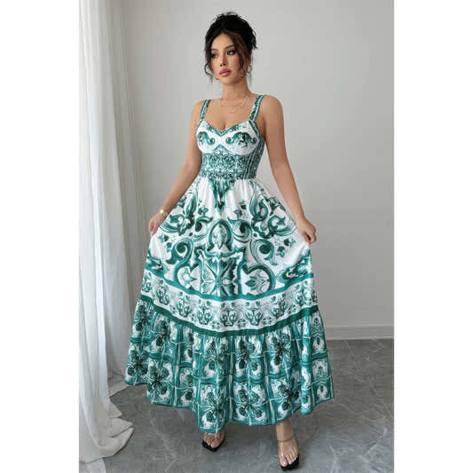 Robe longue trapèze sans manches vert, bretelles, imprimé cachemire
