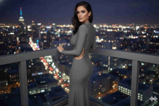 Robe maxi col montant grise, manches longues, détail chaîne au côté