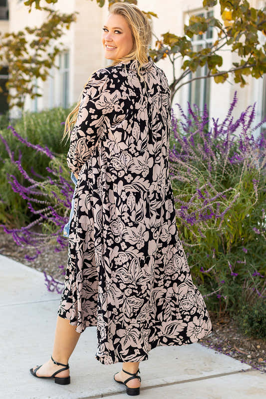 Robe maxi noire à manches longues, imprimé floral beige, coupe évasée