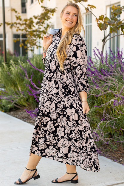 Robe maxi noire à manches longues, imprimé floral beige, coupe ample