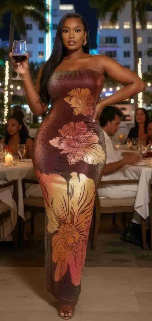 Robe maxi tube bustier marron avec fleurs métalliques roses et dorées