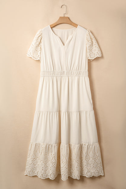 Robe maxi dentelle col en V, manches courtes, jupe évasée à bordure ajourée