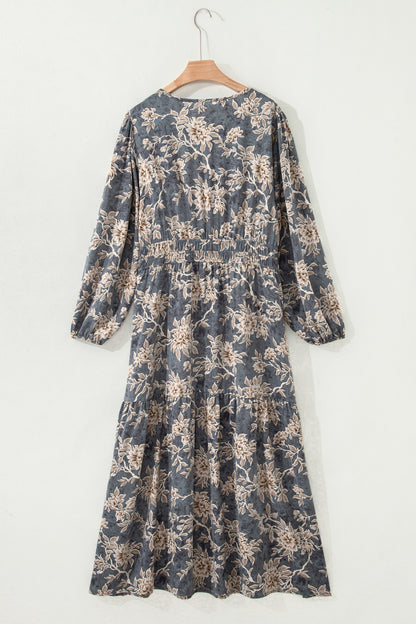 Robe maxi bleu-gris imprimé floral, dos froncé, manches longues