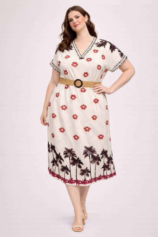 Robe midi grande taille à imprimé tropical, col V, ceinture, fleurs rouges et palmiers