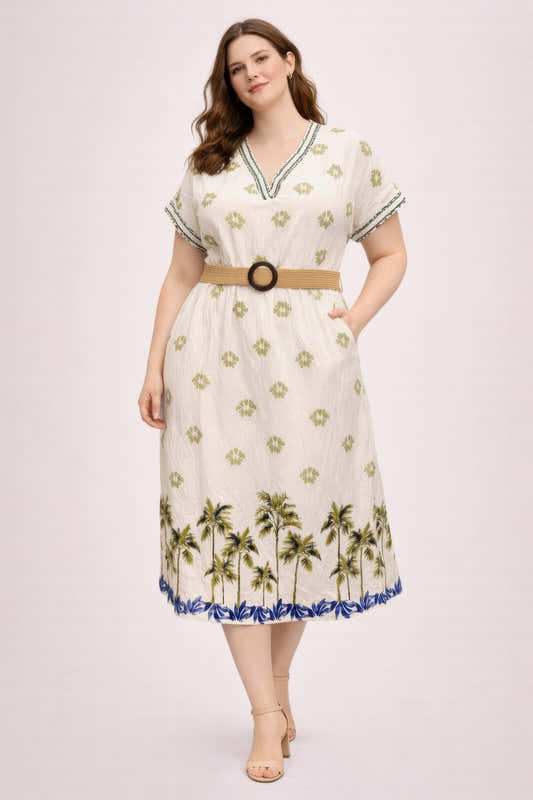Robe midi grande taille à imprimé tropical, col V, ceinture, manches courtes, vert