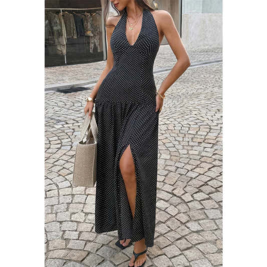 Robe longue noire à pois, col V halter, fente sur le devant
