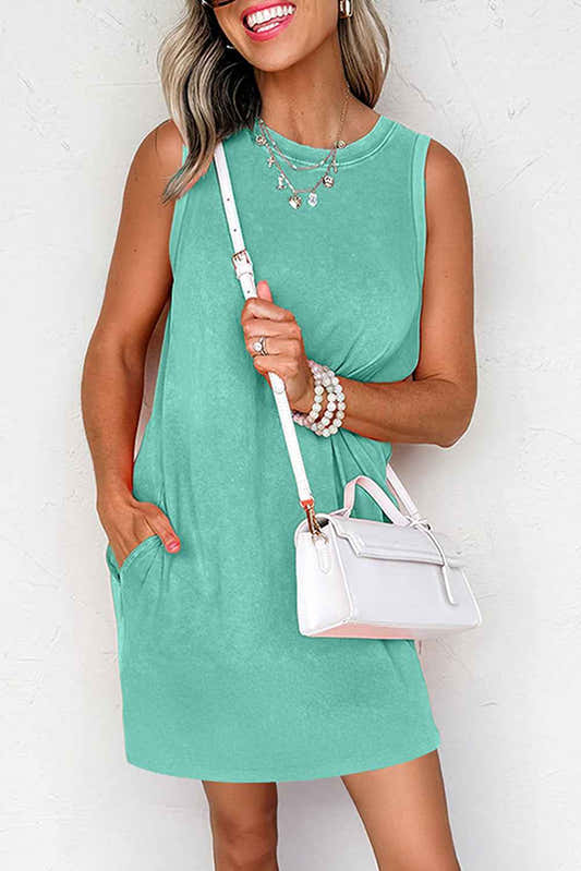 Robe mini sans manches verte, en coton, encolure ronde et poches latérales
