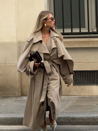 Trench long femme à simple boutonnage, coupe ample et taille haute