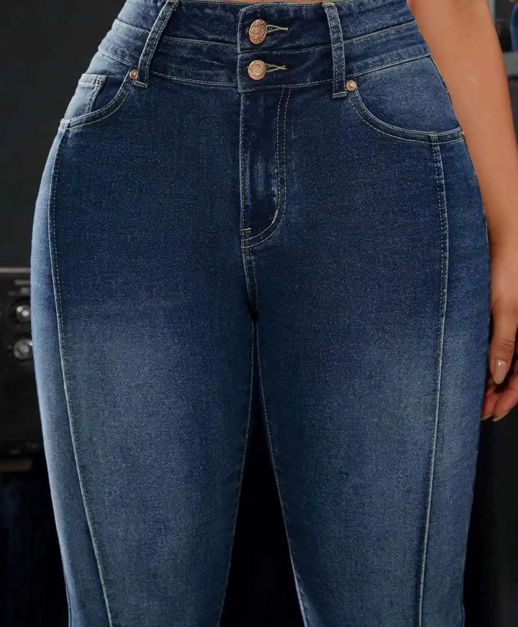 Pantalon en jean stretch taille haute pour femme, détails à double bouton, coupe confortable, jambe droite