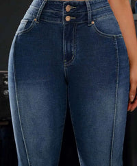 Pantalon en jean stretch taille haute pour femme, détails à double bouton, coupe confortable, jambe droite