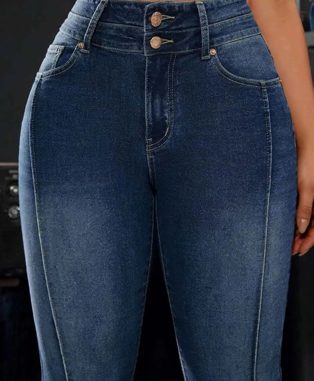 Pantalon en jean stretch taille haute pour femme, détails à double bouton, coupe confortable, jambe droite