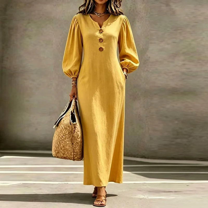 Robe longue ample à col V et poches