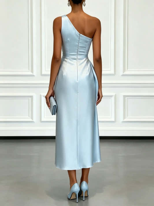 Robe midi satinée plissée une épaule