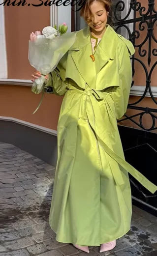Trench long femme à simple boutonnage, coupe ample et taille haute