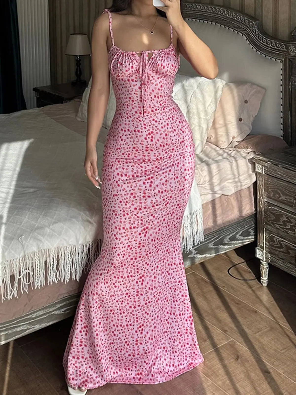 Robe Midi Florale Bretelles Femme – Col V Fente Vintage