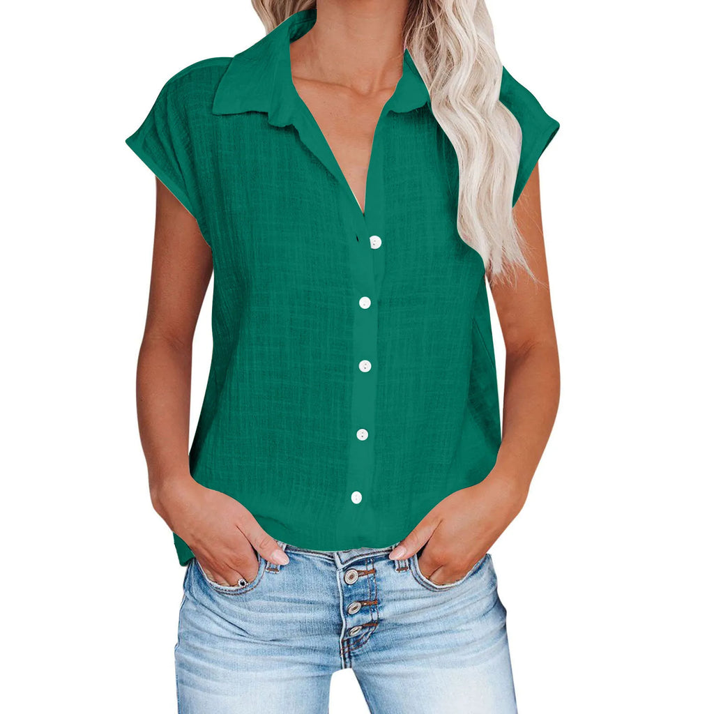 Chemisier ample femme en coton lin, manches courtes, vert, col chemise boutonné.