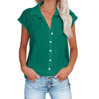 Chemisier ample femme en coton lin, manches courtes, vert, col chemise boutonné.