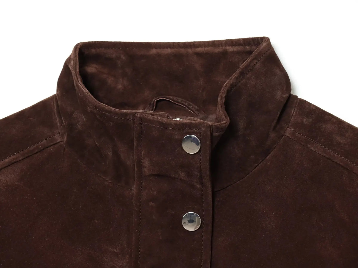 Veste zippée femme marron à col montant, coupe slim et poches