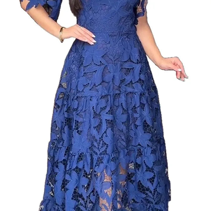 Robes évidées pour femmes, coupe trapèze, couleur unie, longueur cheville, demi-manches, taille cintrée, légèrement extensible, ajustées, décontractées et élégantes, Été 2026