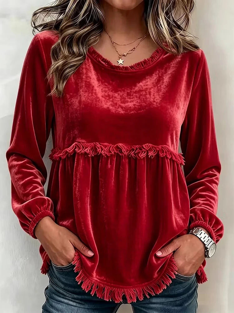 Vintage Women Velvet Casual Top O Neck Tassel Trim Long Sleeve Loose Blouse Bohemian Autumn Daily Wear Shirts for Female