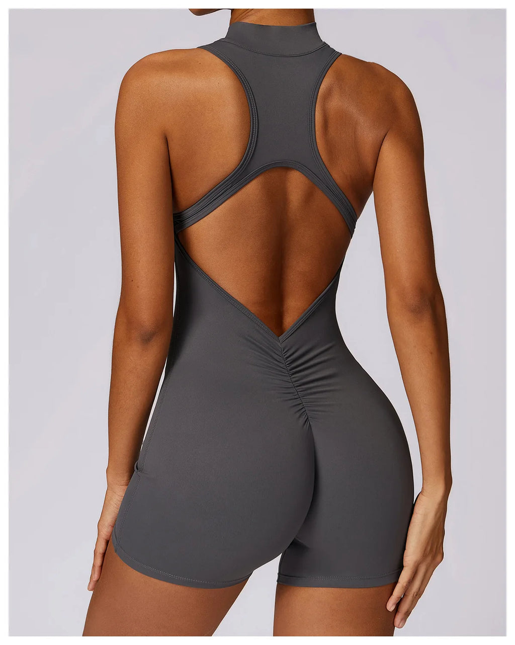 Couleur unie dos nu dos taille Scrunch Yoga combinaison ensemble court femmes fermeture éclair vêtements de sport Fitness une pièce sport costume entraînement