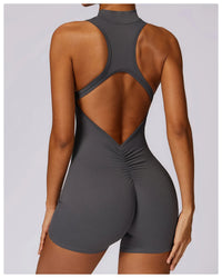 Couleur unie dos nu dos taille Scrunch Yoga combinaison ensemble court femmes fermeture éclair vêtements de sport Fitness une pièce sport costume entraînement