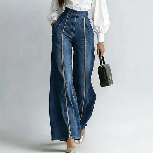 Jean taille haute bleu à zips dorés