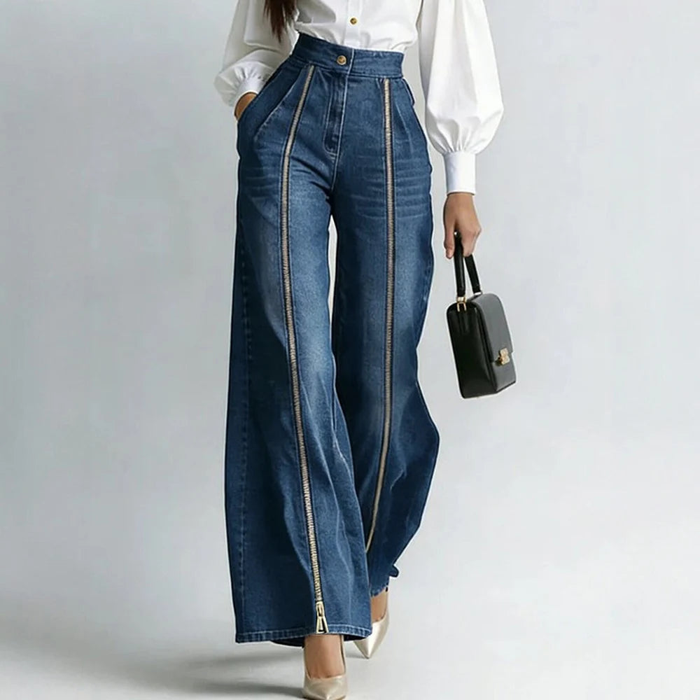 Jean taille haute bleu à zips dorés
