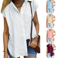 Chemisier ample femme coton lin, manches courtes, bleu clair, col chemise boutonné.
