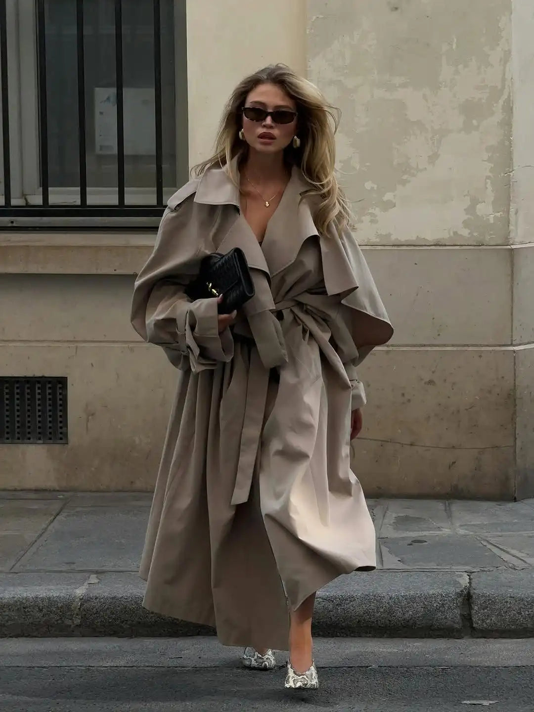 Trench long femme à simple boutonnage, coupe ample et taille haute