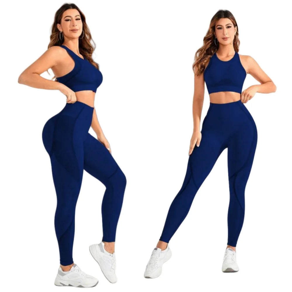 Ensemble 2 pièces, tenue de yoga pour femme, combinaison pantalon taille haute à dos élégant, vêtements de sport super élastiques sans couture, idéal pour la gym