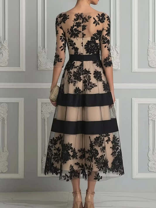 Robe de soirée élégante pour femmes, longueur midi, col rond, manches 3/4, noire, à motifs floraux floqués, en tulle et maille, coupe A-line, pour cocktails, soirées formelles et bals de promo.