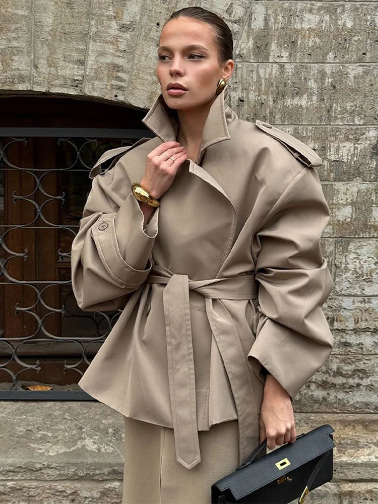 Trench long femme à simple boutonnage, coupe ample et taille haute