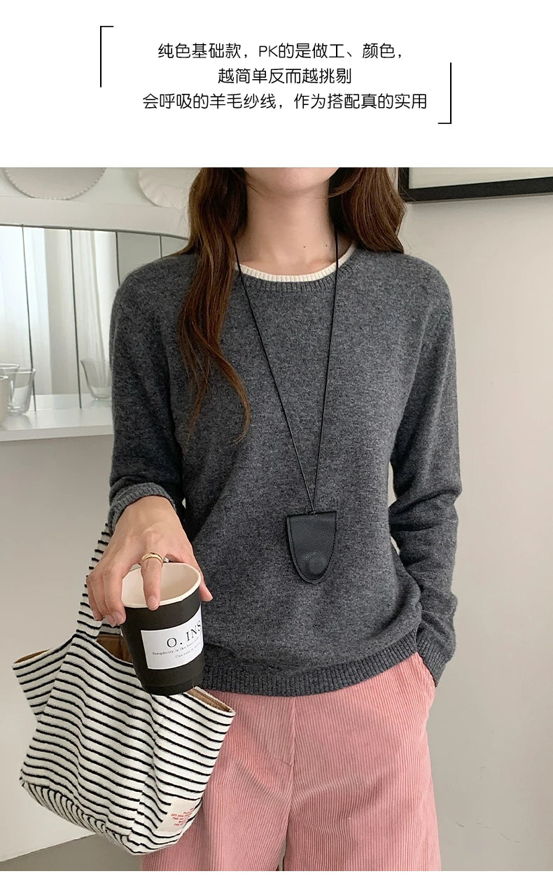 Pull en laine femme col rond, motif patchwork bicolore