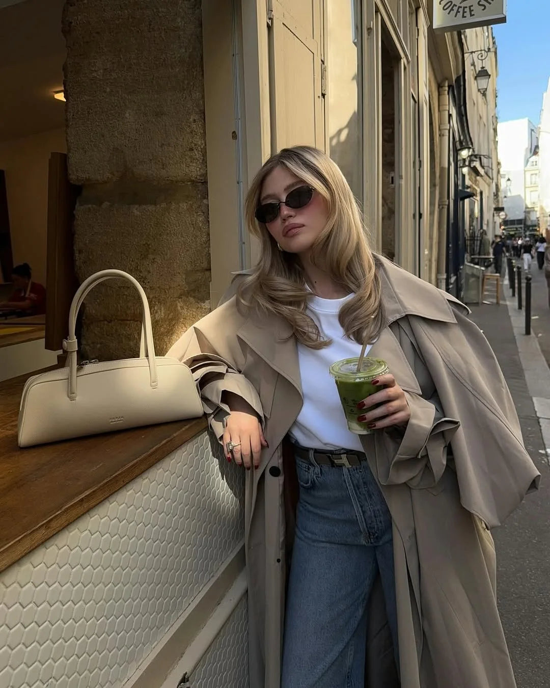 Trench long femme à simple boutonnage, coupe ample et taille haute