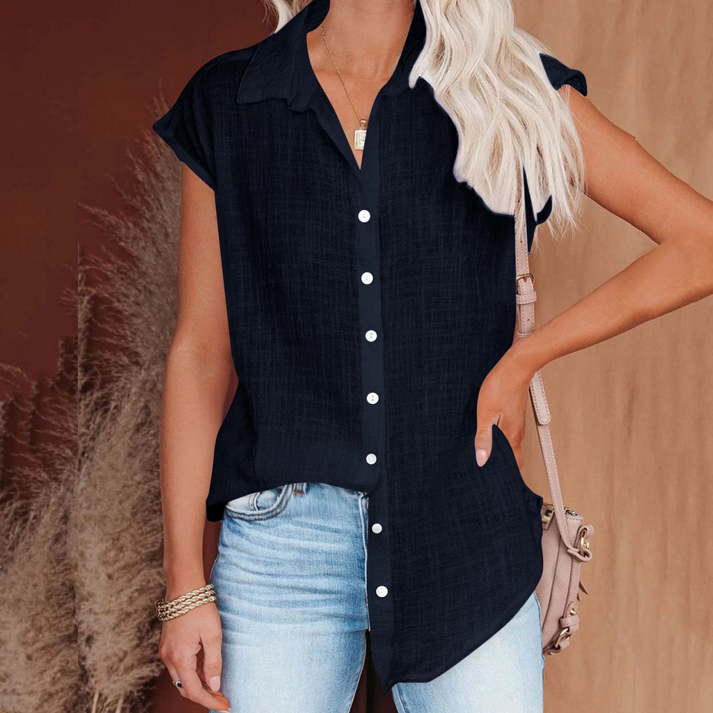 Chemisier ample femme en coton lin, manches courtes, bleu foncé, col chemise boutonné.