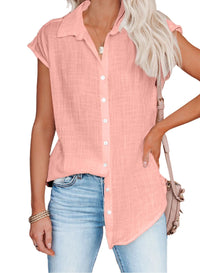 Chemisier femme en coton lin rose clair, col chemise, manches courtes, boutonné devant.