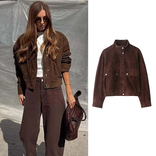 Veste zippée femme marron à col montant, coupe slim et poches