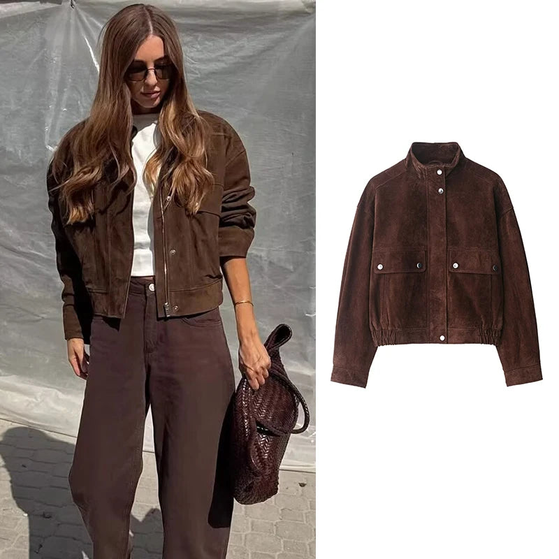 Veste zippée femme marron à col montant, coupe slim et poches
