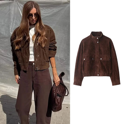 Veste zippée femme marron à col montant, coupe slim et poches