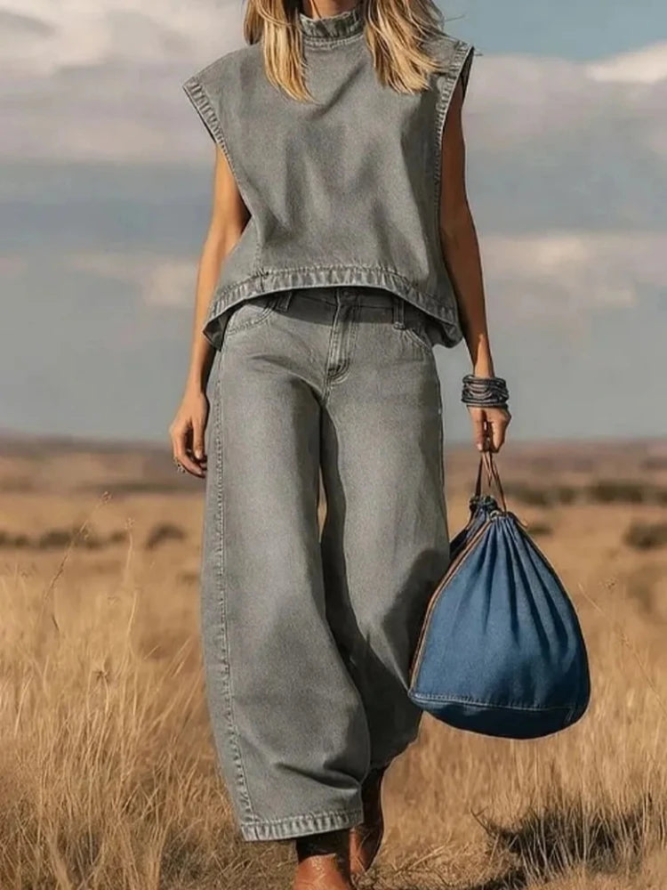Pantalon et haut femme chic en jean bleu