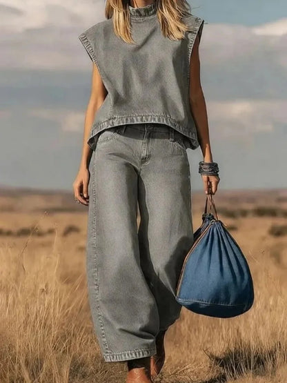 Pantalon et haut femme chic en jean bleu
