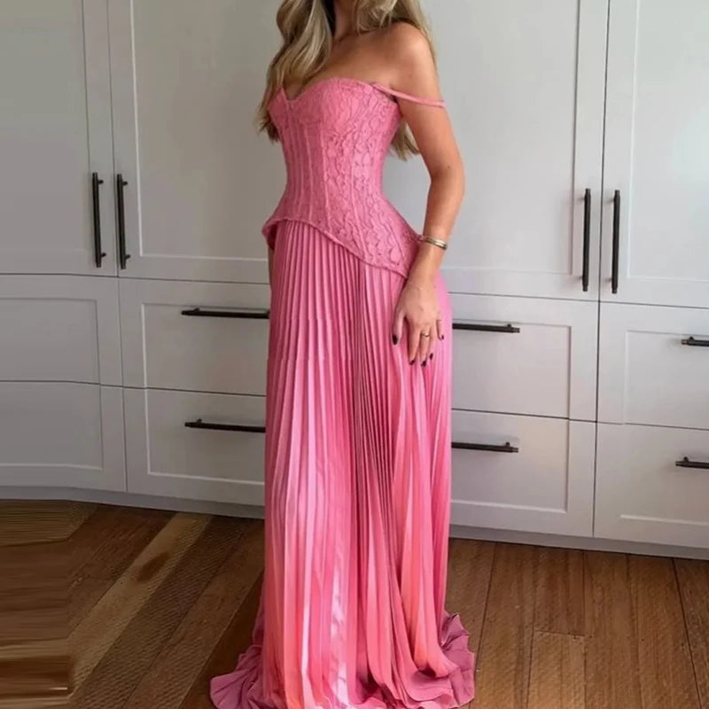 Robe longue femme plissée en dentelle