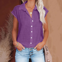 Chemisier ample manches courtes en coton lin violet, encolure boutonnée, style décontracté