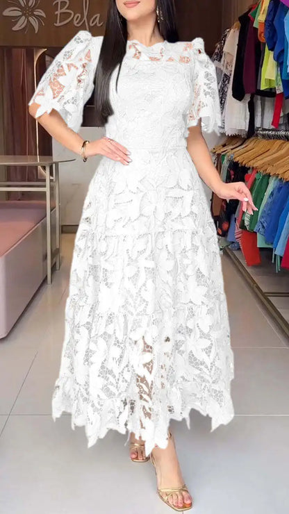 Robes évidées pour femmes, coupe trapèze, couleur unie, longueur cheville, demi-manches, taille cintrée, légèrement extensible, ajustées, décontractées et élégantes, Été 2026