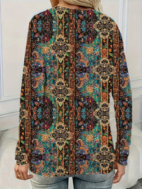 T-Shirt Manches Longues Femme Imprimé Paisley Col V – Style Boho Ethnique